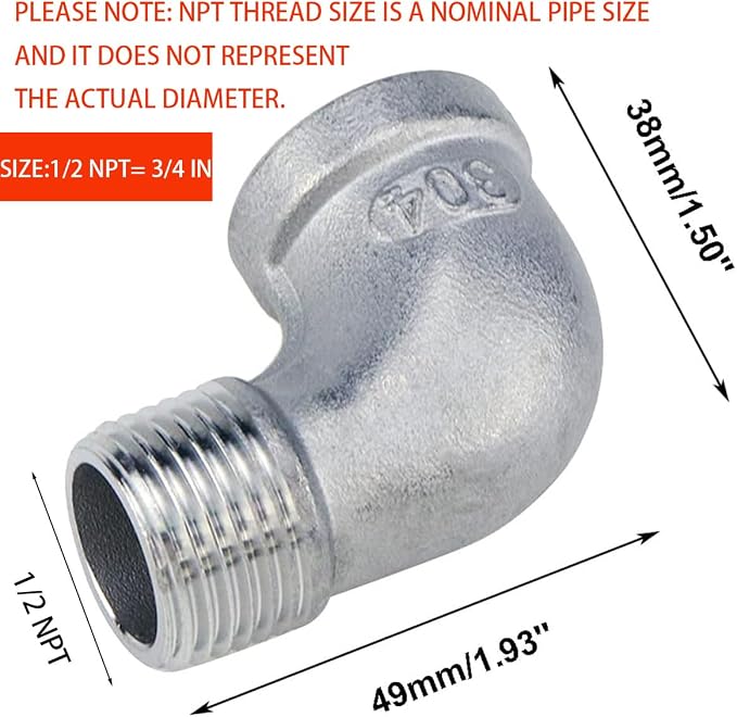 2Pcs 304 Stainless Steel 90 Degree Elbow 1/2" NPT Threaded Pipe Fitting Female - Image 2