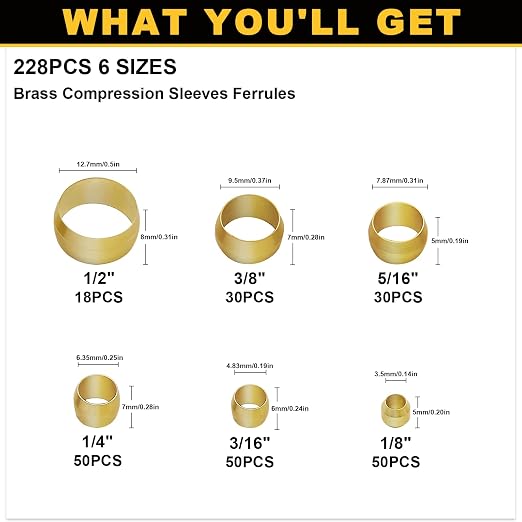 Siptenk 228PCS Brass Compression Sleeves Ferrules Kit Lines - Image 2