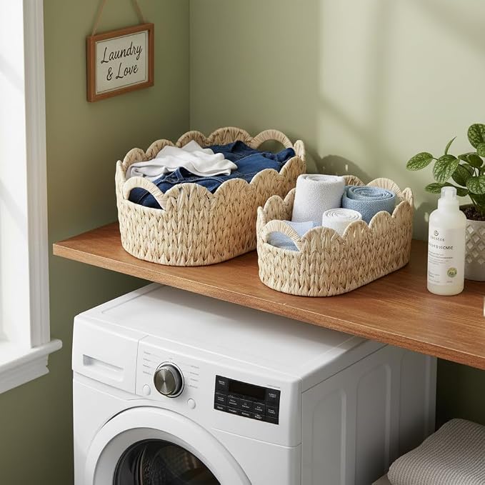 Coeusy Wicker Scalloped Basket Set of 2, Woven Storage Baskets - Image 2