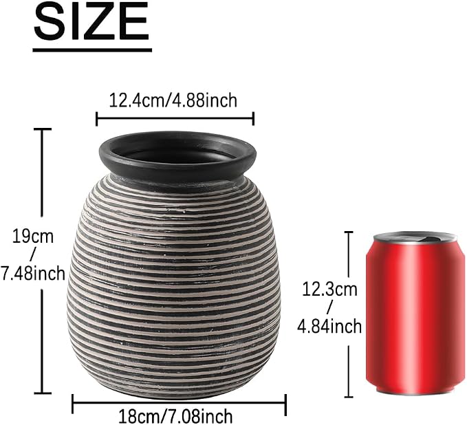 Ceramic Rustic Vase, 7.48" Flowers Pottery Vases Home Decor Round Wide-Mouth - Image 2