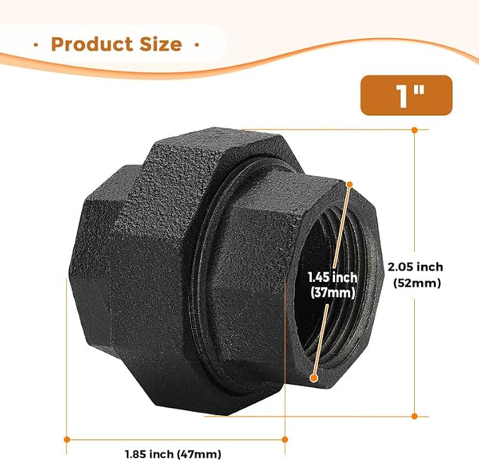 1" Black Pipe Fittings Union Home Expert 4 Pack | Malleable Cast Iron Pipe - Image 3