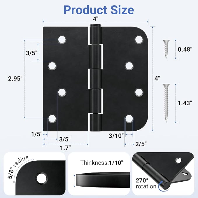 12 Pack Matte Black Door Hinges 4 Inch, Heavy Duty Iron Exterior/Interior Hinges - Image 2