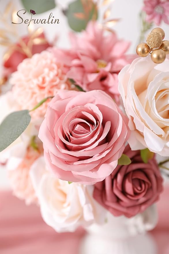 Serwalin 2PCS Artificial Flowers Pink Dahlia Silk Flowers - Image 3
