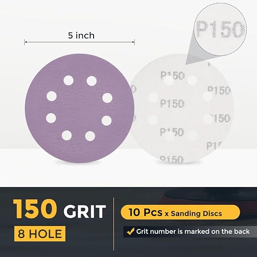 HARFINGTON 10Pcs 5Inch Sanding Disc 8 Hole 150Grit Purple Aluminum Oxide | Hook - Image 2