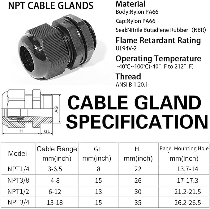 PENGLIN Cable Glands 3/8" NPT Nylon Cable Connector 20PCS | IP68 Waterproof - Image 4
