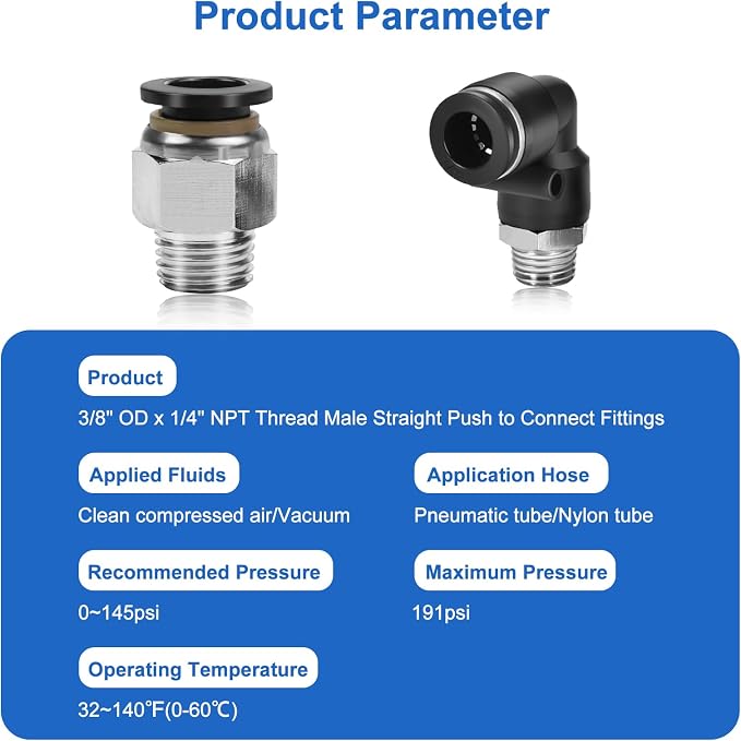 CNAODUN 12 Pcs Push to Connect Fittings 3/8 Inch Tube OD x 1/4 Inch NPT Thread - Image 2