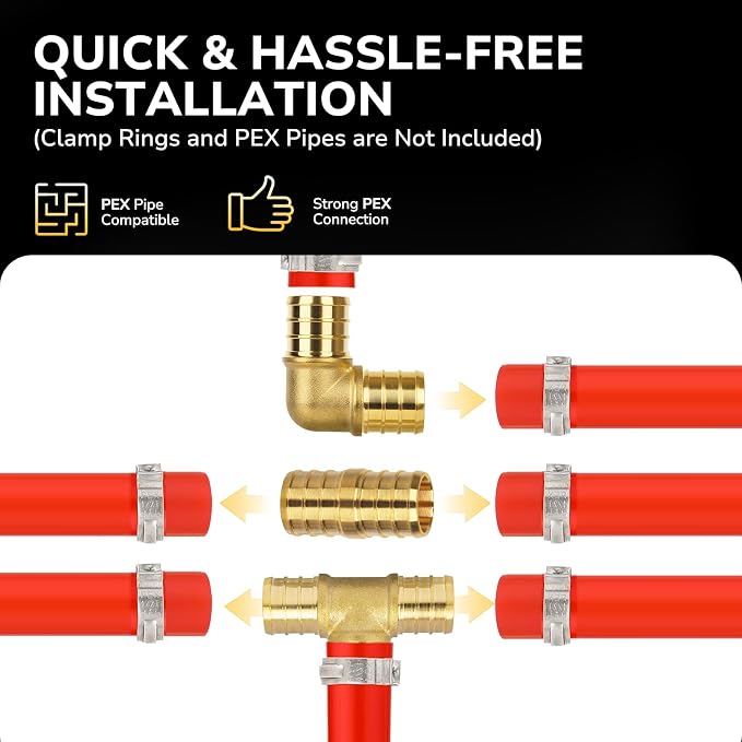 30 Pack 1/2" Pex Fittings Set, Tee and Coupling, Heavy-Duty Brass Crimp Fittings - Image 4