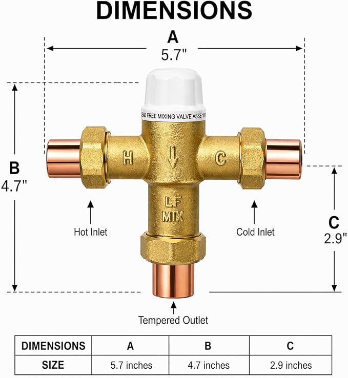 3/4" Sweat Union Thermostatic Mixing Valve, Cert: ASSE, NSF | TMV, Precise - Image 2