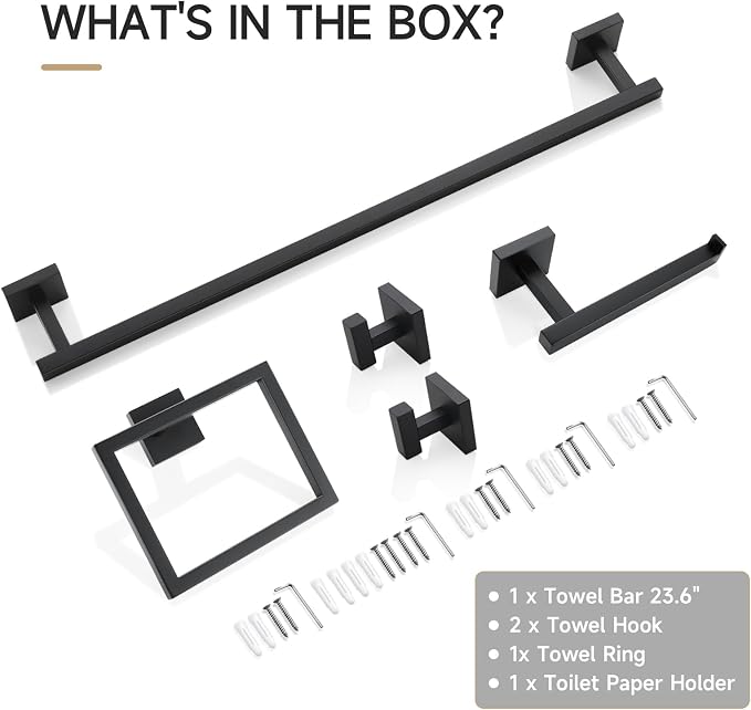 TQKAG 5-Piece Towel Bar Set, 23.6 Inch Bathroom Hardware Set, Matte Black - Image 8