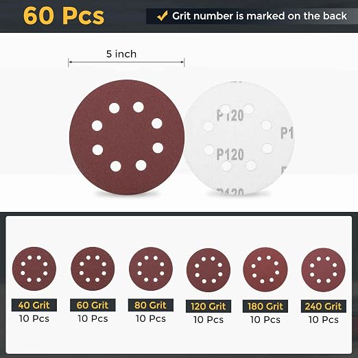 HARFINGTON 60Pcs 5Inch Sanding Disc 8 Hole Hook and Loop Sandpaper Red | - Image 2