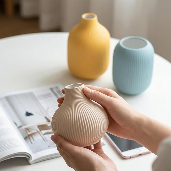 Colorful Small Ceramic Vases Set of 3, Matte Vertical Ribbed, Minimalist - Image 9