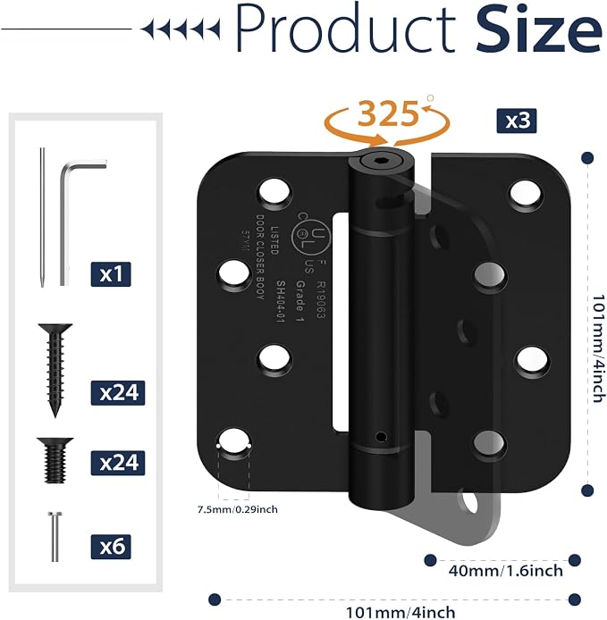 3-Pack 4 Inch Self Closing Door Hinges, 5/8" Radius Corners, Adjustable Tension - Image 2