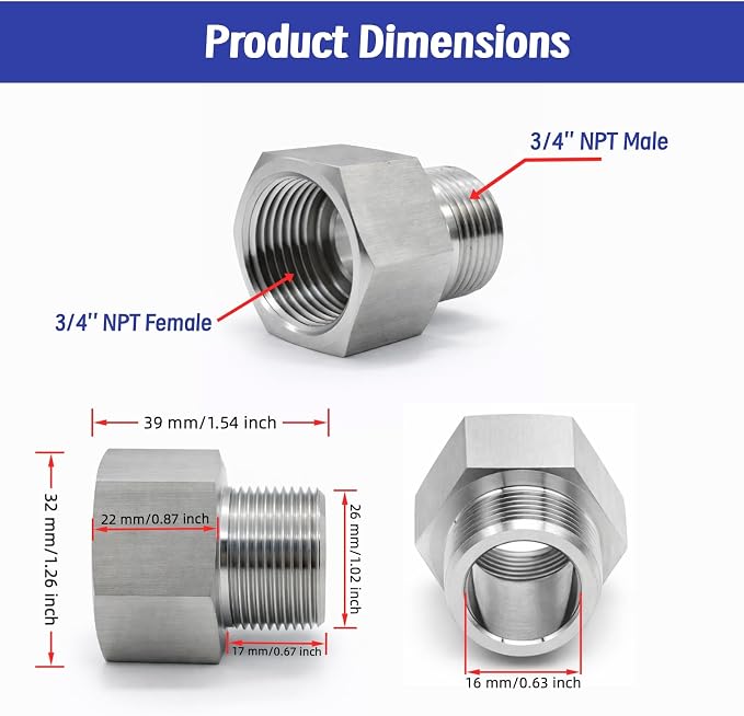 SummerHolz Stainless Steel Adapter, 3/4'' NPT Female to 3/4'' NPT Male - Image 2