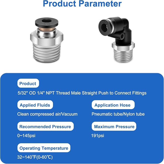 CNAODUN 12 Pcs Push to Connect Fittings 5/32 Inch Tube OD x 1/4 Inch NPT Thread - Image 2