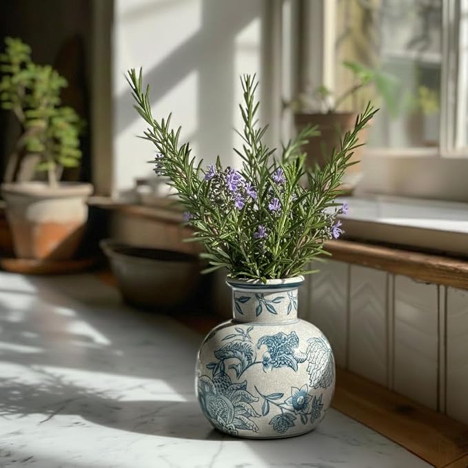 SIDUCAL Blue and White Vintage Vase | 6 Inch Ceramic Chinoiserie Floral | Retro - Image 5