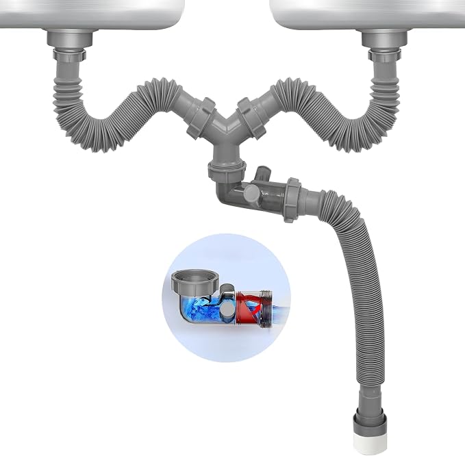 Double Sink Drain Kit Flexible 1 1/2 Inch P-Trap Pipe Comes by QruiLanTu