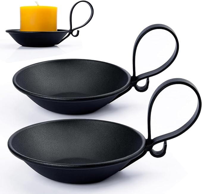 2-Pack Matte Black Iron Pillar Holders, Flat Base | Thick Cast Metal, Powder by Aglary