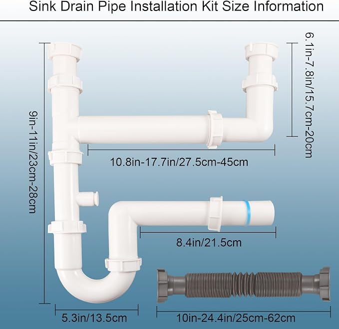 Universal 1-1/2" Kitchen Sink Drain Kit, Space-Saving kitchen drain P-trap - Image 2