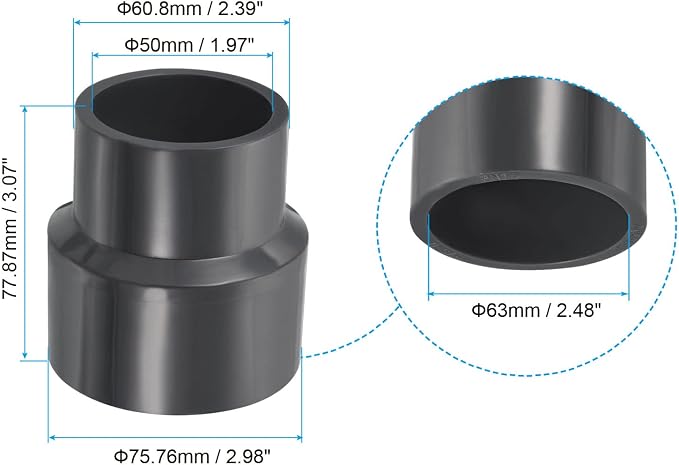 PATIKIL PVC Reducer Pipe Fitting 50mmx63mm ID Socket, Straight Coupling Adapter - Image 2