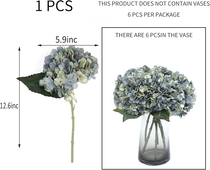 Kimura's Cabin 6pcs Silk Hydrangeas Artificial Flowers, Deep Lake Blue | - Image 2