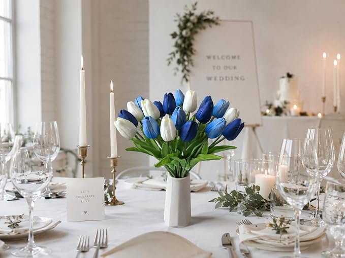 Mandy's 20pcs Artificial Shades of Blue Tulips | 13.5 Inch Lifelike PU Tulips - Image 5