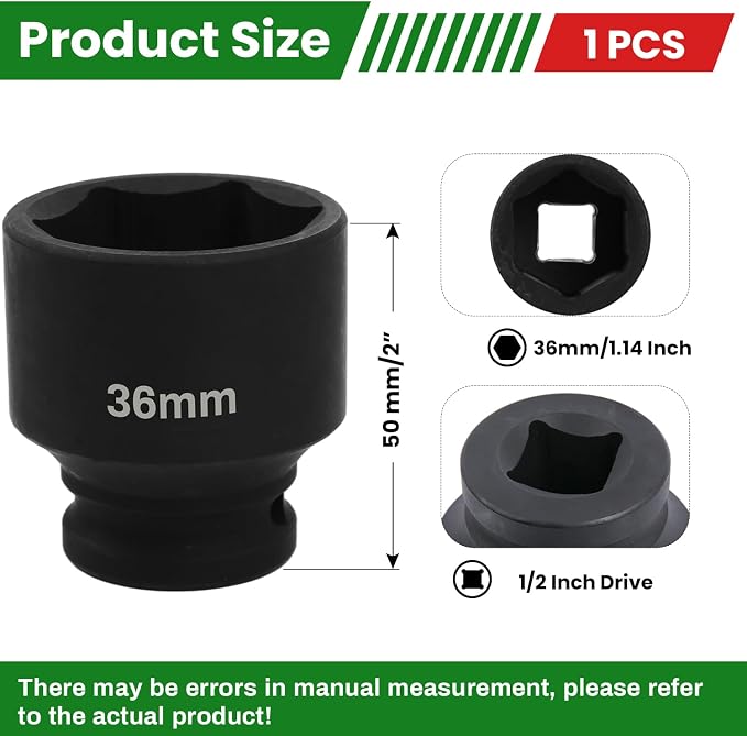 1/2" Drive 36mm Deep Impact Socket, 6 Point Chrome Molybdenum Steel Heavy Duty - Image 2