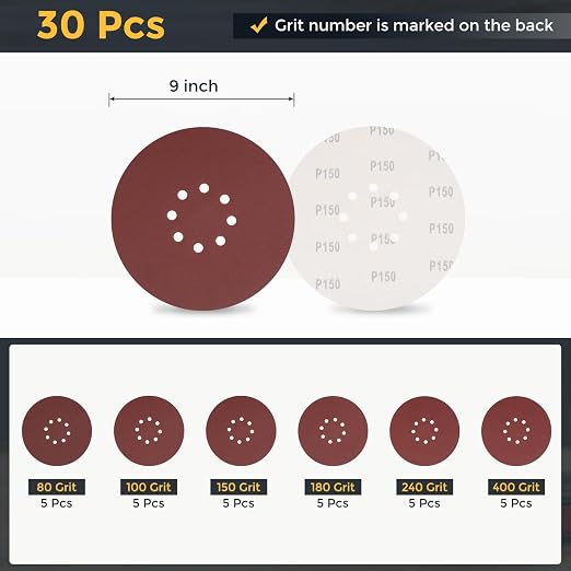 HARFINGTON 30Pcs 9Inch Sanding Disc 8 Hole Hook and Loop Sandpaper Red | - Image 2