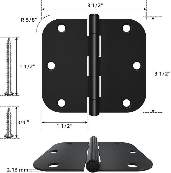HOSOM 12 Pack Rounded Matte Black Door Hinges 3.5 x 3.5 inch - Image 2