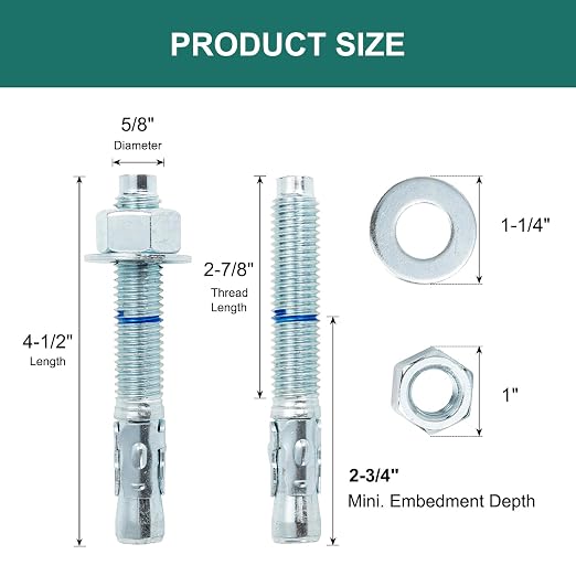 5/8" x 4-1/2" Concrete Anchors 5/8 inch Wedge Anchors Bolts Zinc Plated - Image 2