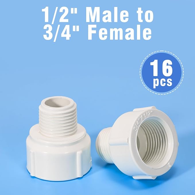 16 Pack 1/2 Inch Male to 3/4 Inch Female Thread PVC to Garden Hose Adapter - Image 2