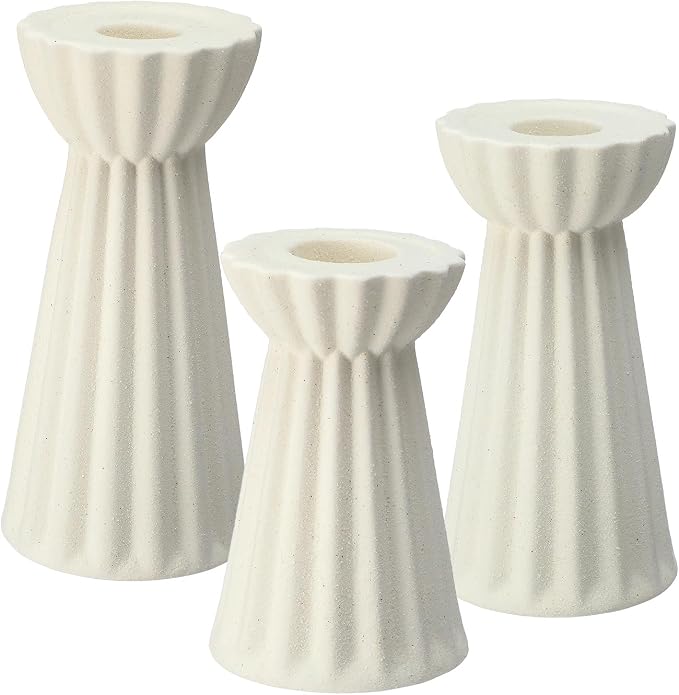 Honeydak Set of 3 Ceramic Taper Candle Holder Cream White Candlestick Holder - Image 3