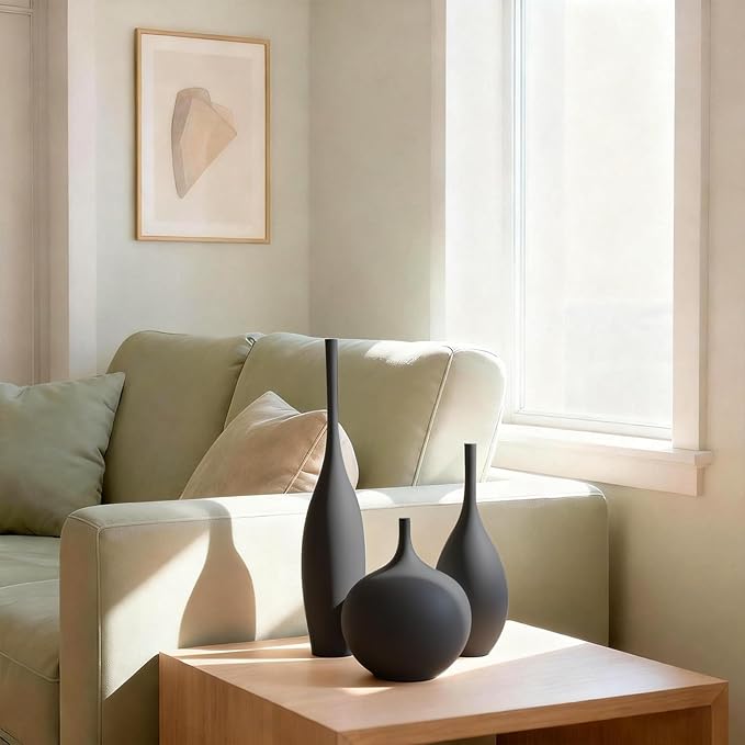 Relexome Black Ceramic Vase Modern Boho Wabi-Sabi Flower Vase Set of 3 - Image 5