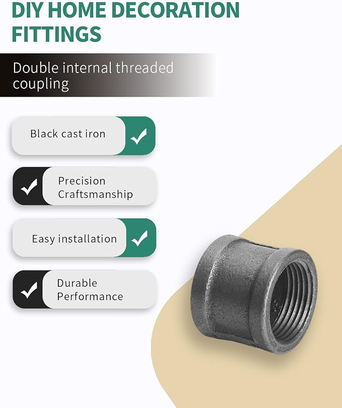 Black Cast Iron Pipe Coupling Fittings, 3/4 Inch Female Thread Connectors - Image 4