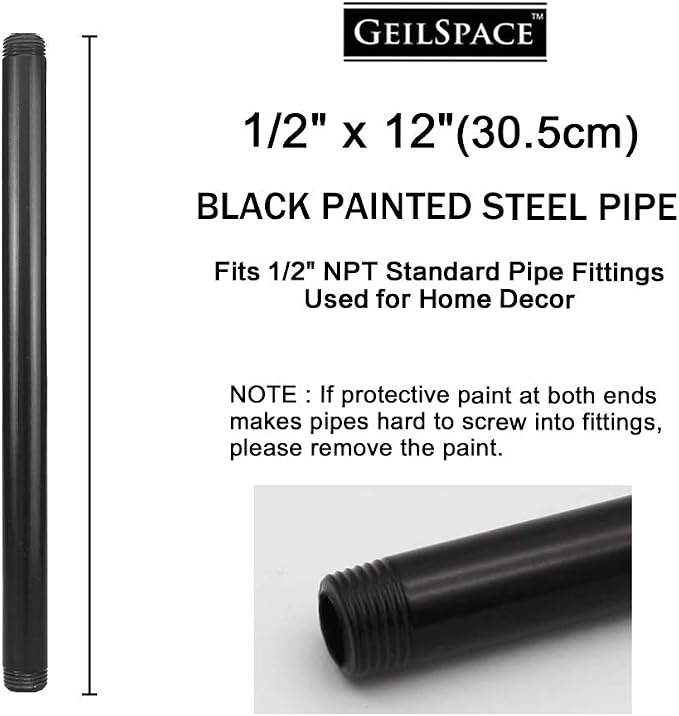 6 Pack 1/2" × 12" Pre-Cut Black Metal Pipe, Industrial Steel Fits Standard Half - Image 2