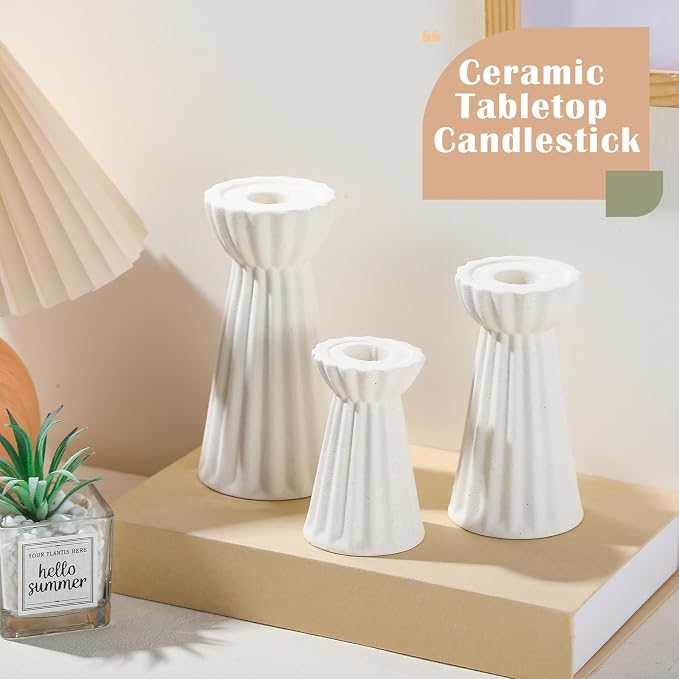 Honeydak Set of 3 Ceramic Taper Candle Holder Cream White Candlestick Holder - Image 6