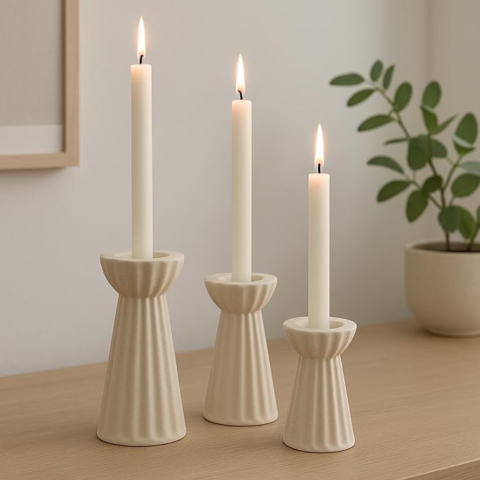 Honeydak Set of 3 Ceramic Taper Candle Holder Cream White Candlestick Holder - Image 2