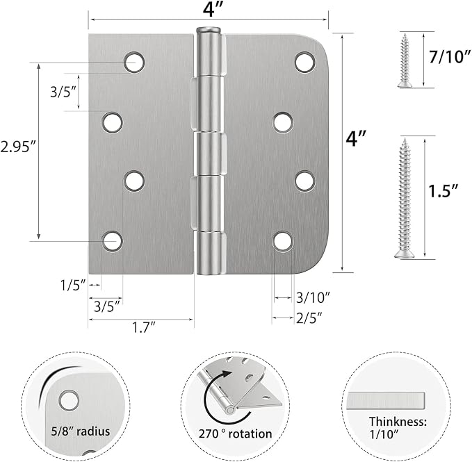HOSOM 3 Pack 4 Inch Brushed Nickel Door Hinges - Image 2