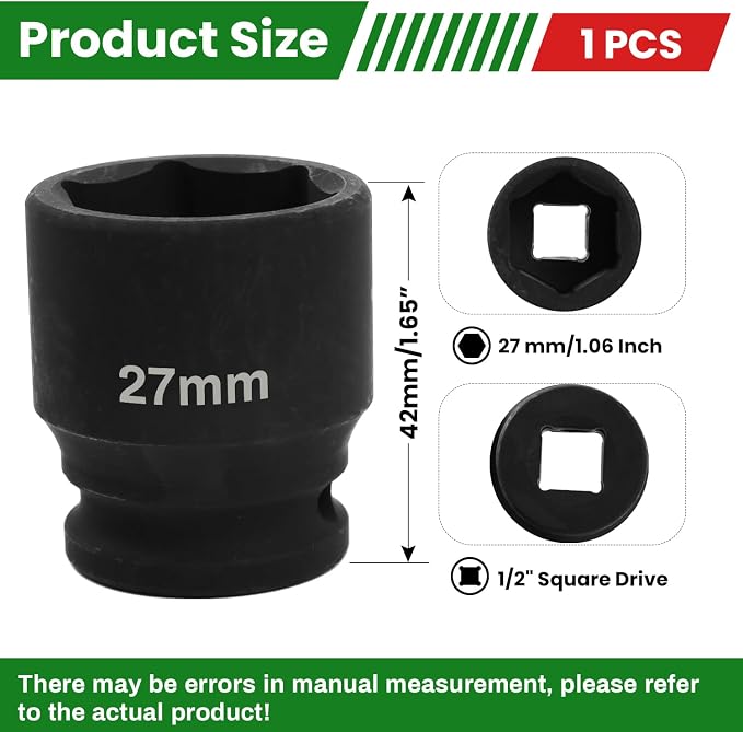 1/2" Drive 27mm Deep Impact Socket, 6 Point Chrome Molybdenum Steel Heavy Duty - Image 2