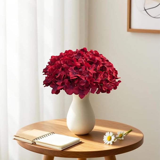 65Pcs Deep Red Hydrangea Artificial Flowers Bulk，Realistic Silk Fake Flowers - Image 7