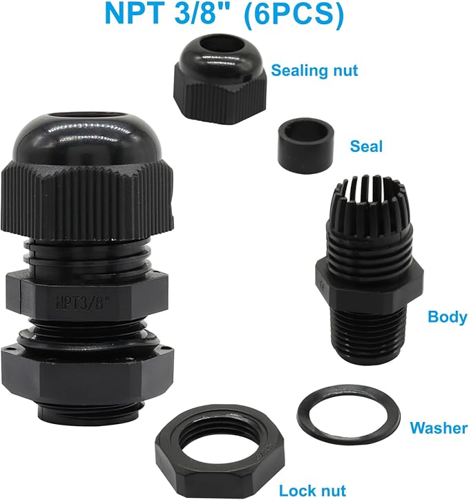 6Pcs 3/8" NPT Cable Glands, Waterproof, Adjustable Power Strain Relief Cord - Image 2