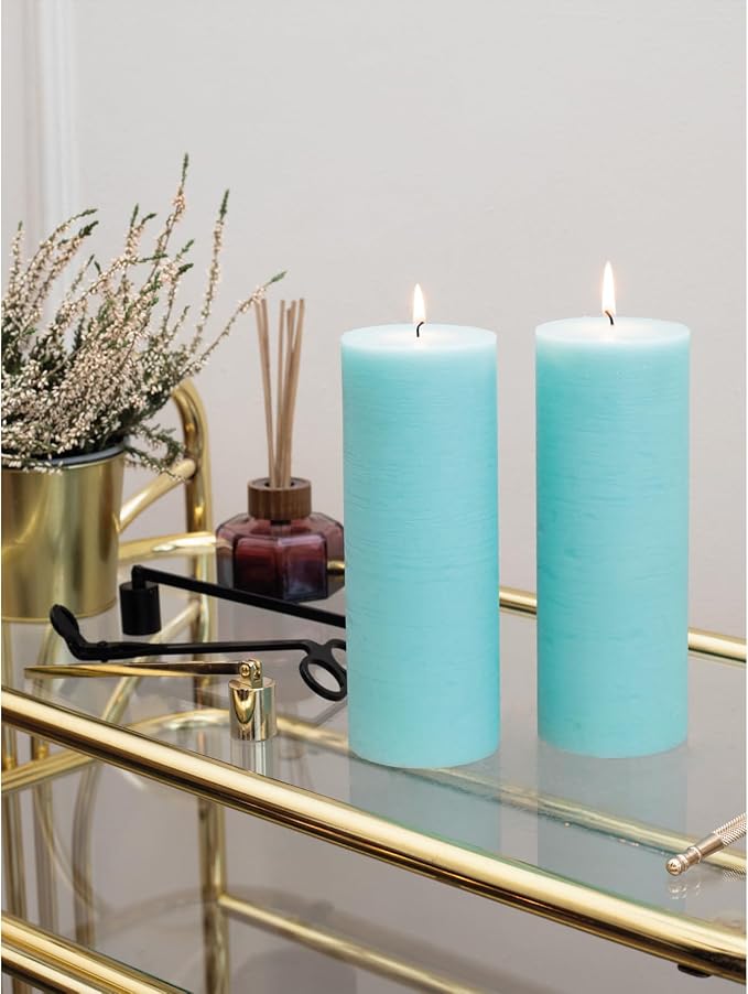 Light Turquoise Pillar Candles 3x8 Inch – Set of 2 Unscented Dripless Large - Image 6