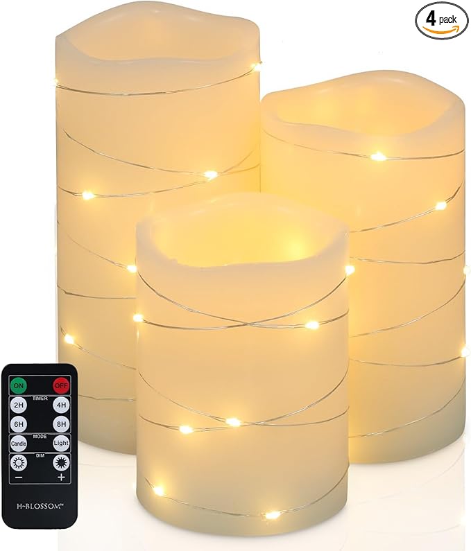H-BLOSSOM Flickering Flameless Candles Ivory Real Wax Pillar by H-BLOSSOM