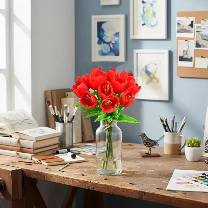 Mandy's 12pcs Artificial Red Open Tulips | 13.5 Inch Lifelike PU Tulips Faux - Image 7