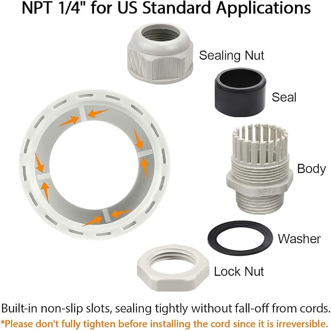 50 Pack NPT 1/4" Cable Glands Waterproof Adjustable 4-8mm Cable Connectors Grey - Image 4