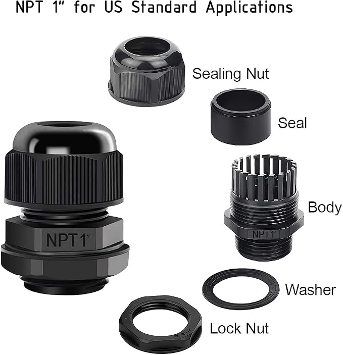 2 Pack NPT 1" Cable Glands Waterproof Adjustable 18-25mm Cable Connectors Black - Image 3