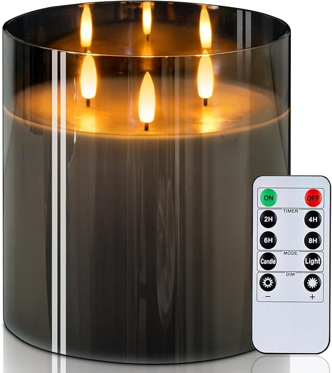 Homemory Grey Large Glass Flameless LED Candle, 3 Wicks, Remote Timer | 6"x6" by Homemory