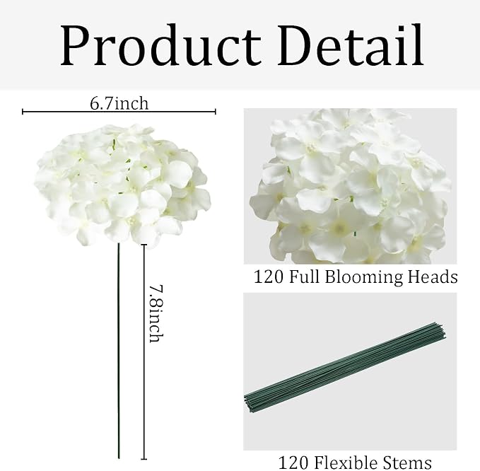 120Pcs White Hydrangea Artificial Flowers Bulk，Realistic Silk Fake Flowers - Image 2