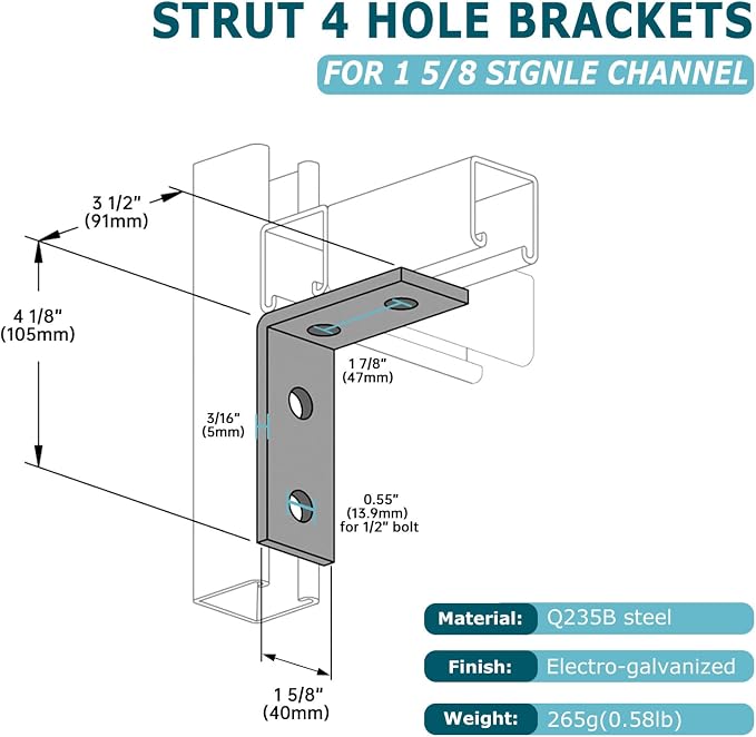 4Pcs 4 Hole 90 Degree Bracket for 1 5/8 Strut Channel, Heavy Duty L Brackets - Image 2