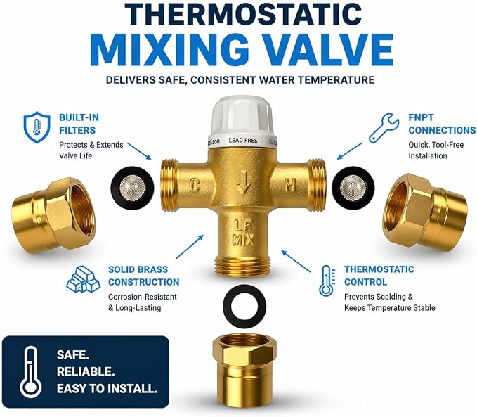 1/2" FNPT Type Thermostatic Mixing Valve, Cert: ASSE, NSF | TMV, Precise water - Image 3