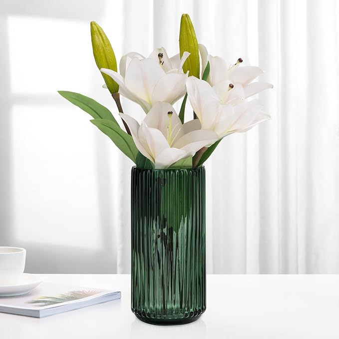 Flower Vase 10 inch Green Thickened Hand Blow Glass Vase Round Vintage Striped - Image 2